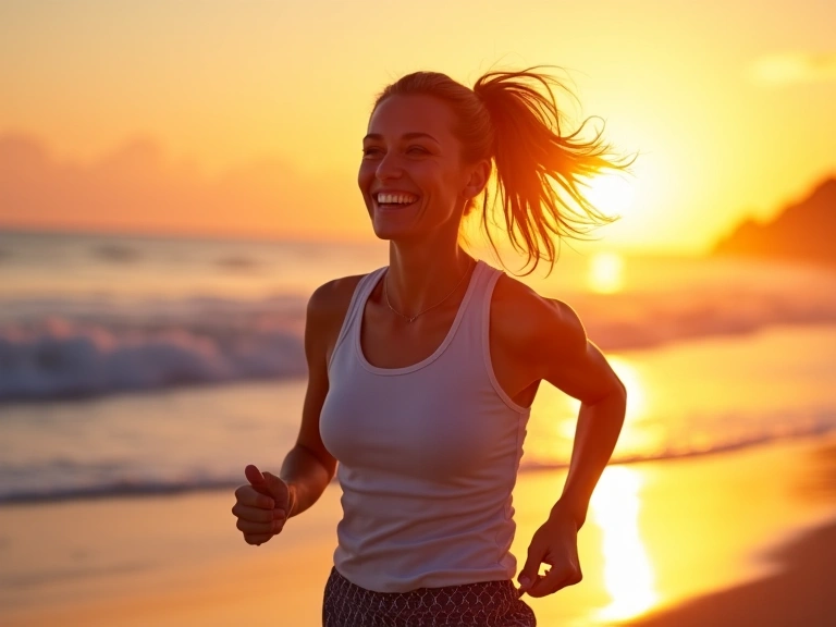 Boldog, energikus nő fut a tengerparton naplementekor, sugárzó egészséget és vitalitást mutatva.
