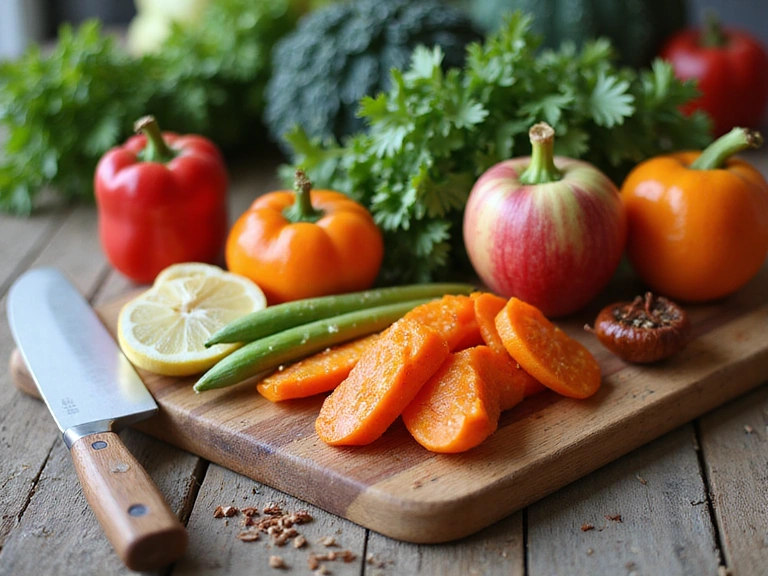 Friss, színes zöldségek és gyümölcsök egy fa vágódeszkán, kés és fűszerek mellett, természetes fényben.