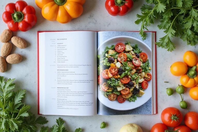 Nyitott receptkönyv egészséges ételekkel és friss alapanyagokkal
